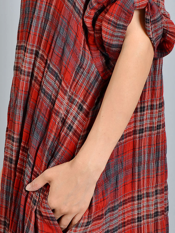 Red Round Neck Long Sleeve Plaid Lace Hem Maxi Dress