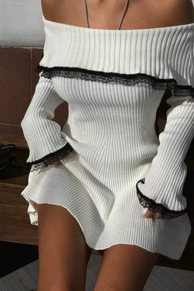 LaceTrimmed Knit OffShoulder Mini Sweater Dress