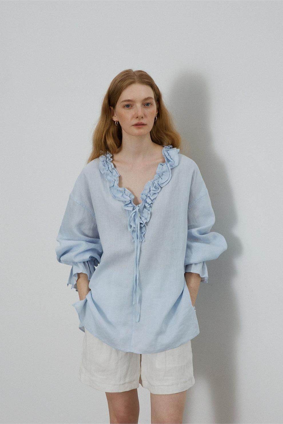 Linen Ruffle Tie Front Blouse