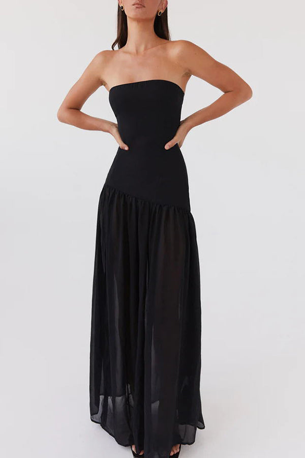 Lizzy Exclusive Strapless Semi Sheer Patchwork Chiffon Maxi Dress Statement Occasion Edit