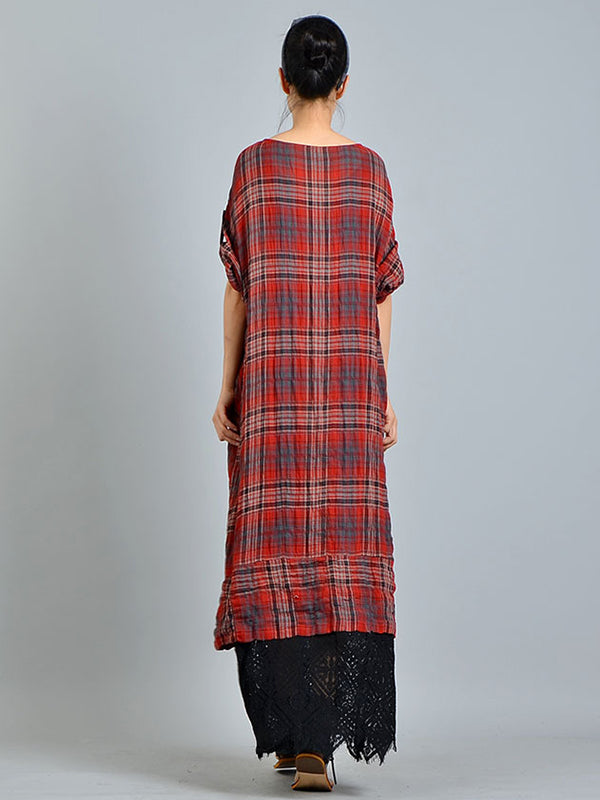 Red Round Neck Long Sleeve Plaid Lace Hem Maxi Dress