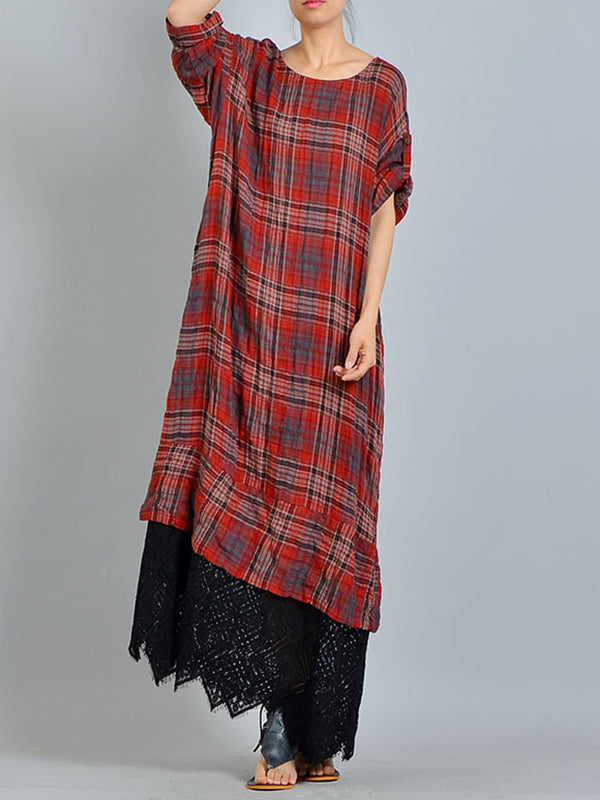Red Round Neck Long Sleeve Plaid Lace Hem Maxi Dress