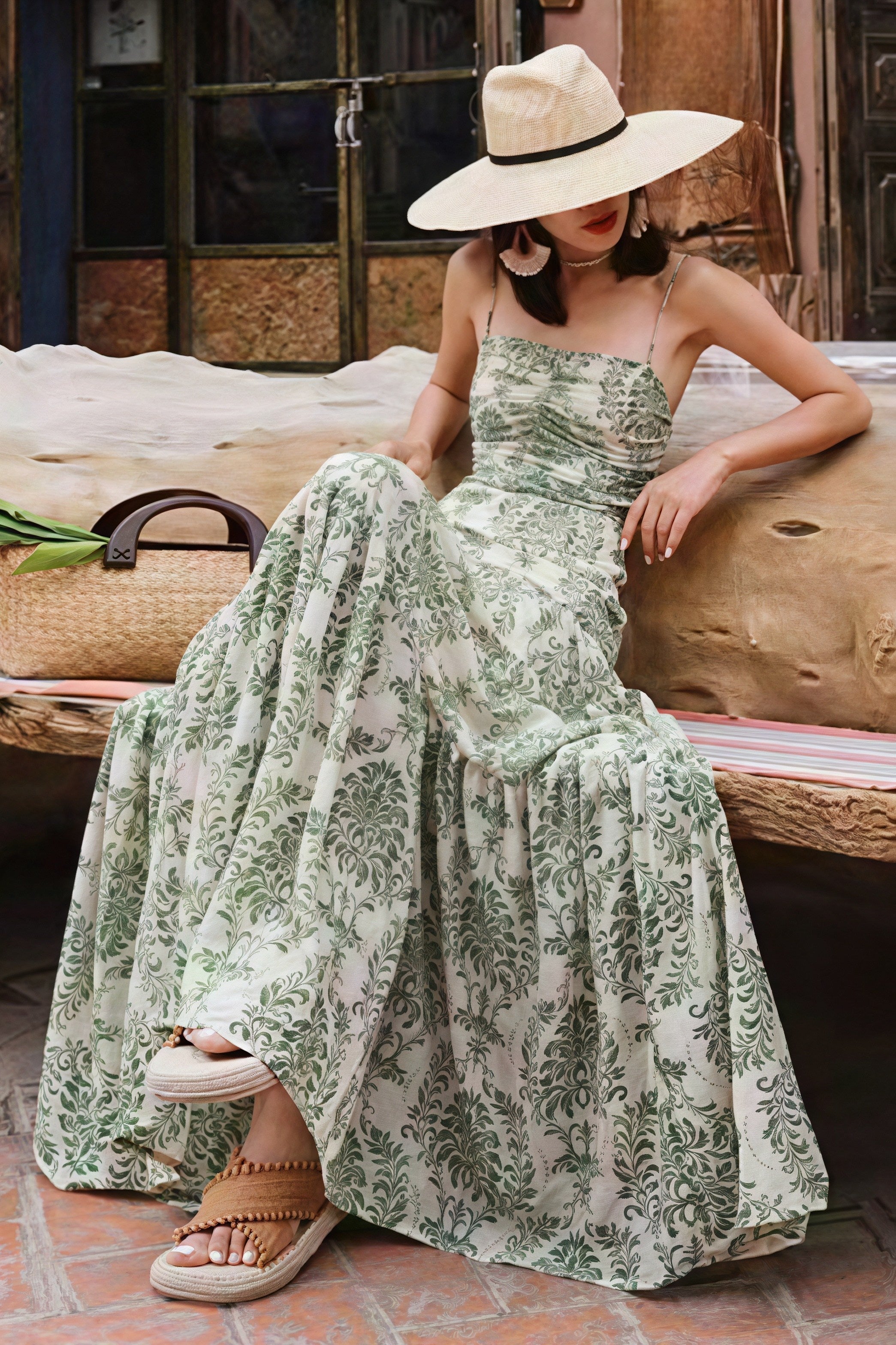 Green Spaghetti Strap Square Neck Ruched Damask Print Tiered Maxi Dress