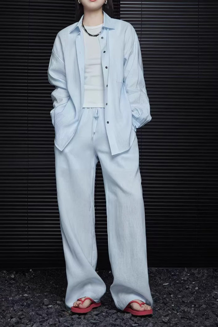 Blue Linen Relaxed High Waist Straight Pants
