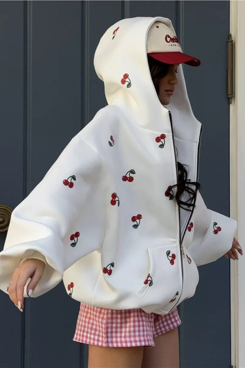 Cherry Print Loose Street Fashion Hoodie