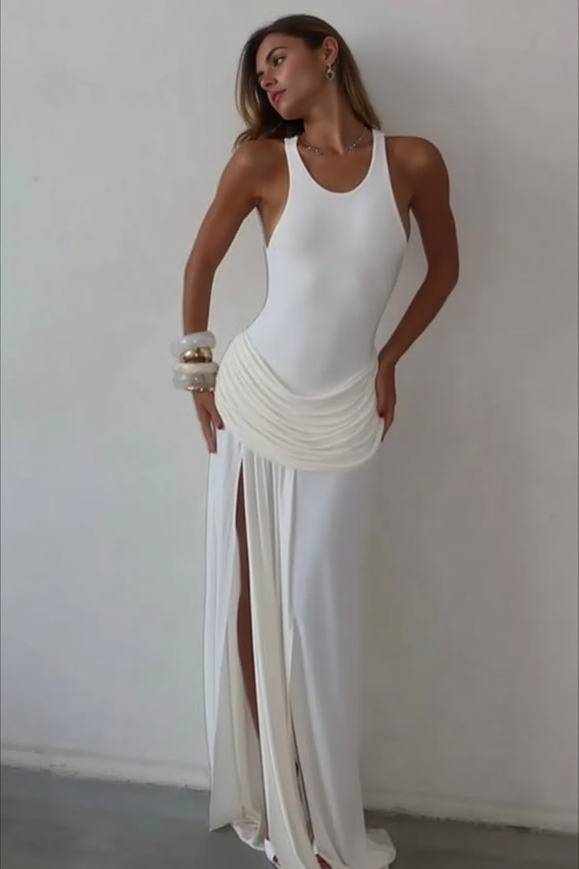 Sexy Solid Fitted High Slit Ruched Sleeveless Party Dress