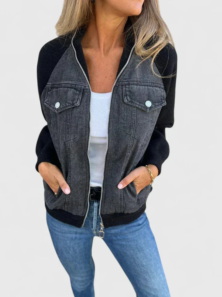 Zip Front Denim Contrast Raglan Sleeve Pocket Bomber Jacket