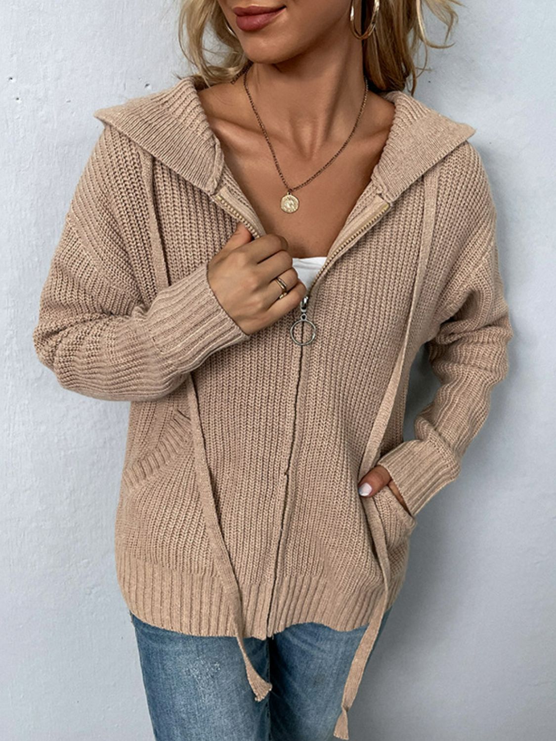Long Sleeve Drawstring Ribbed Knit Zip Up Hooded Cardigan 3