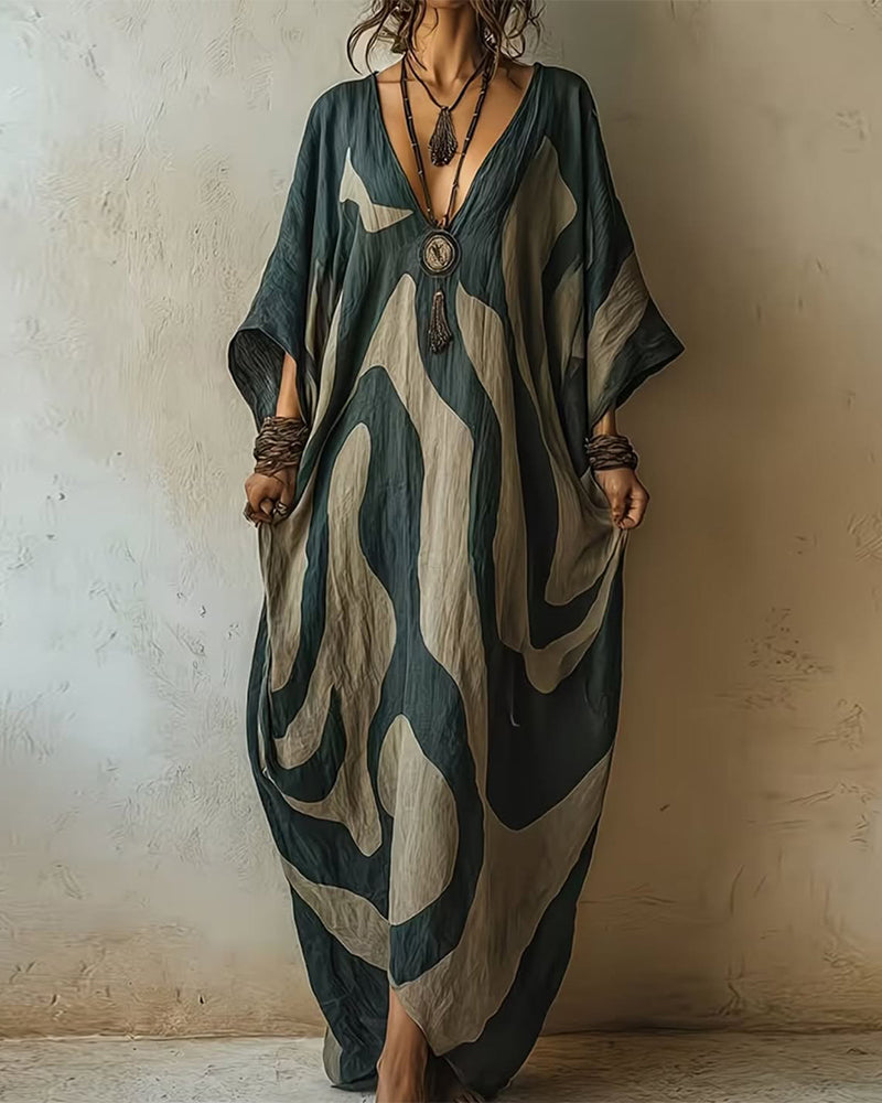 V-Neck Abstract Swirl Print Batwing Sleeve Oversized Kaftan Maxi Dress