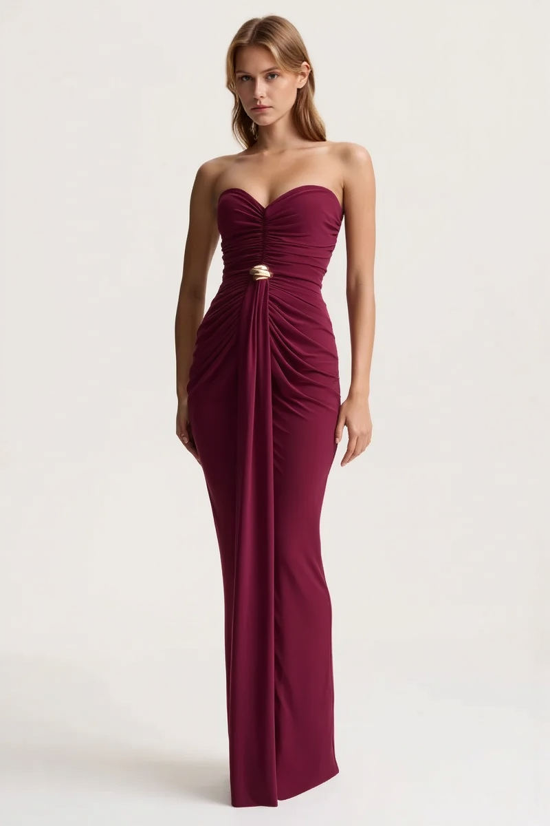 Strapless Ruched Waist Sash Party Dress