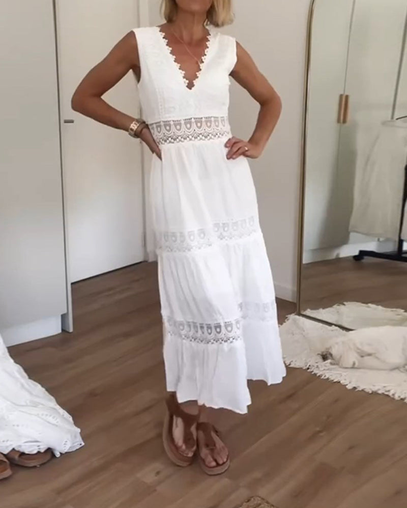 Yolaina Exclusive V Neck Lace Tank Dress Evening Wear Edit