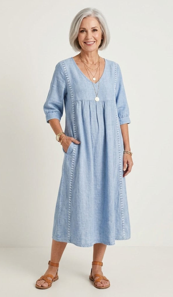 V-Neck Half Sleeve Chambray Embroidered Trim Pocket A-Line Midi Dress