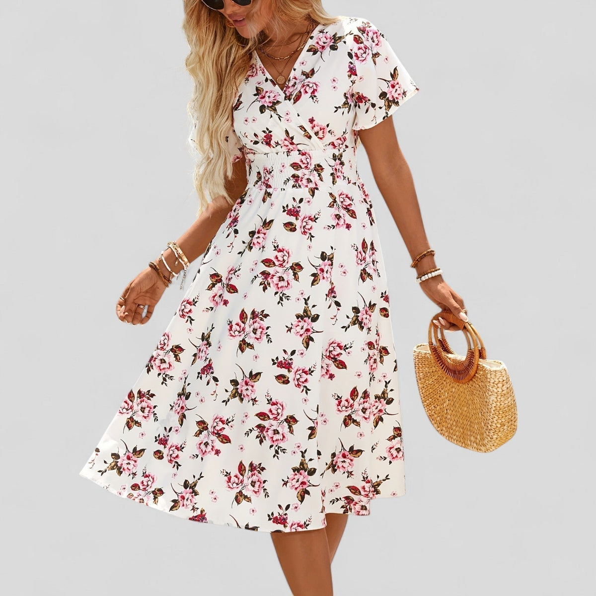 Floral Pink V-Neck Wrap Flutter Sleeve Floral Shirred Waist A-Line Midi Dress