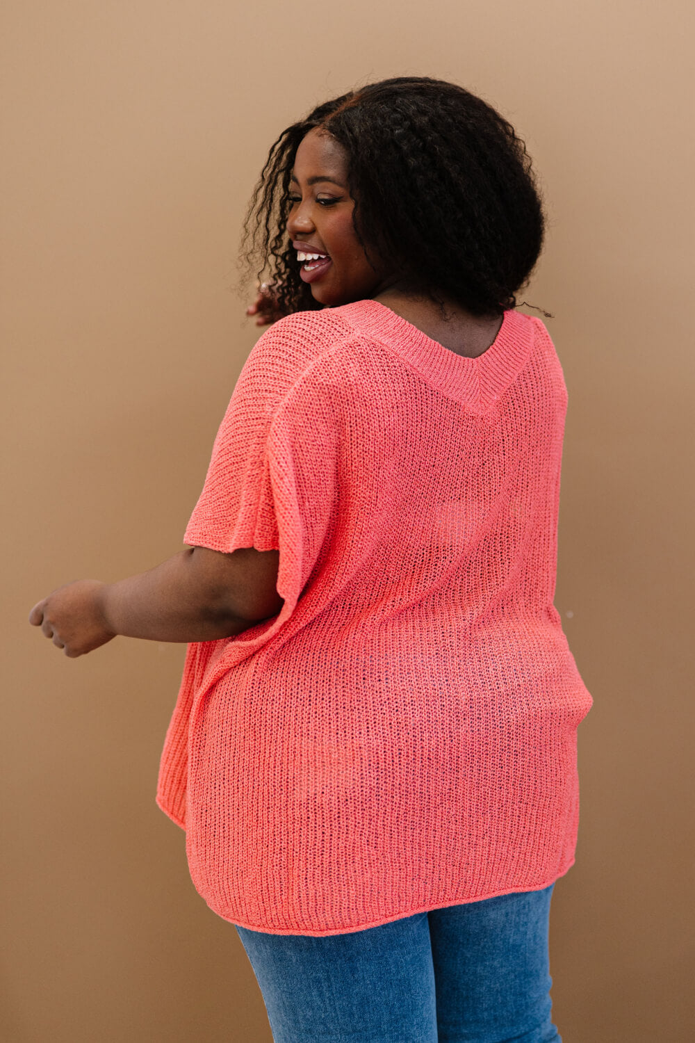 Deep Coral V-Neck Short Sleeve Openwork Loose Knit Sweater