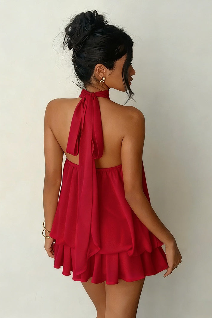 Backless Halter Tie Waist Ruffled Bodycon Mini Dress 13