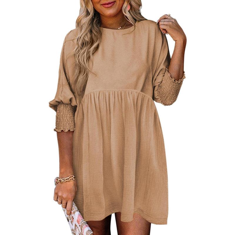 Round Neck Textured Smocked Cuff Sleeve Babydoll Mini Dress