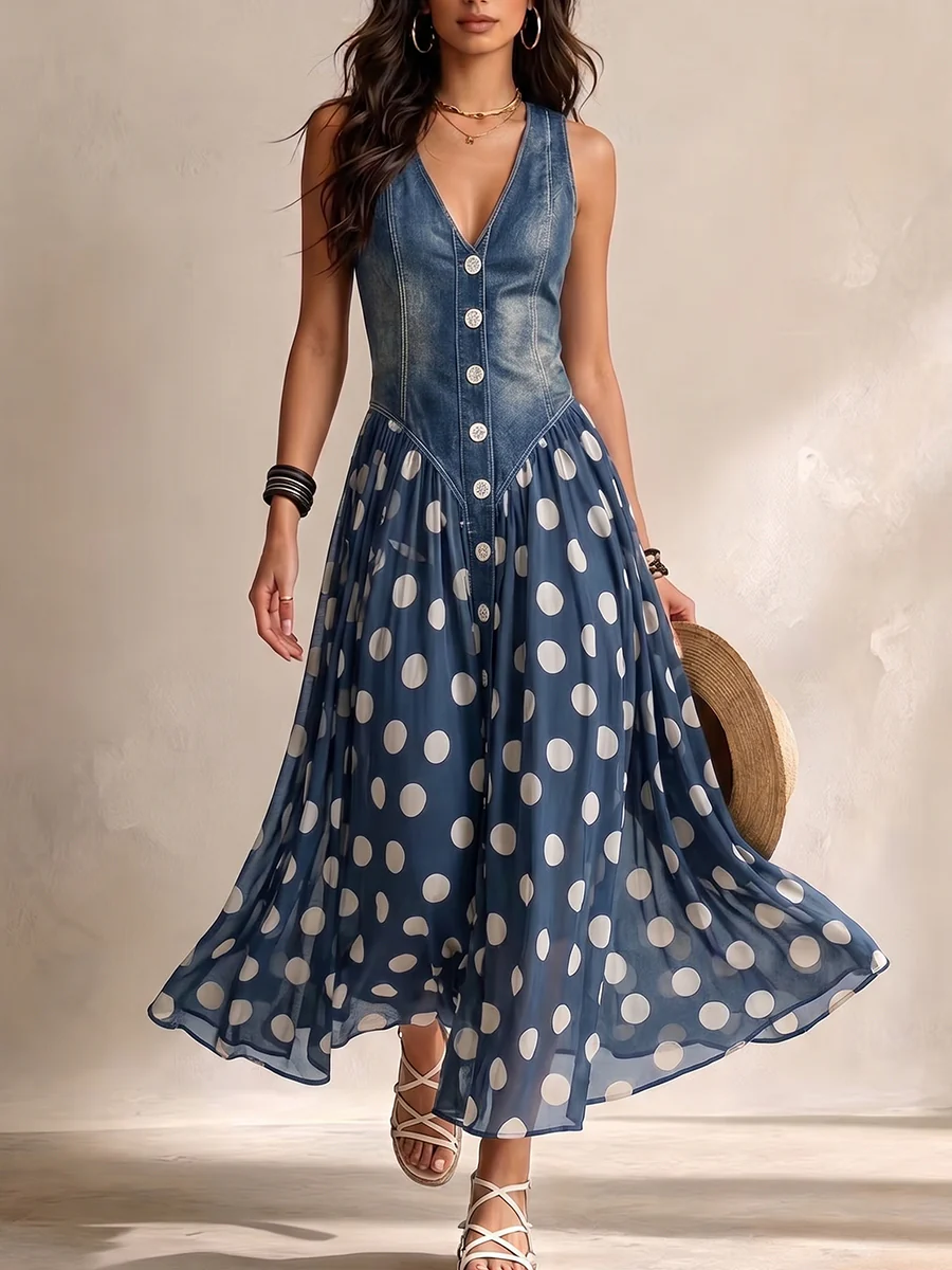 Blue V-Neck Denim Bodice Polka Dot Button-Front A-Line Maxi Dress