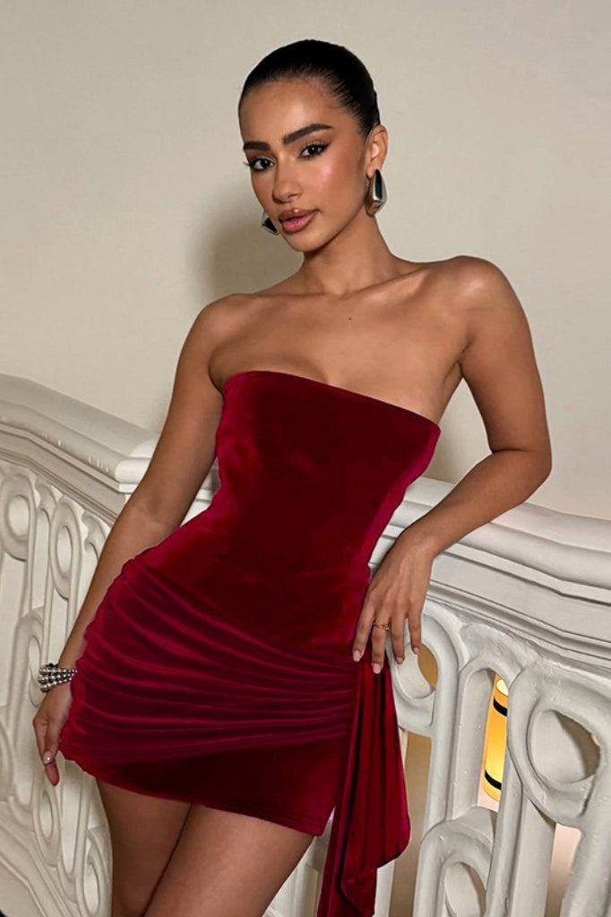 Red Strapless Velvet Bodycon Mini Dress 2