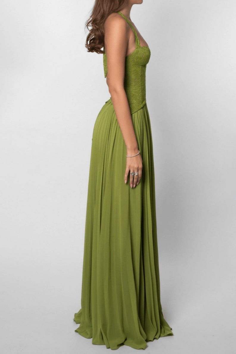 Halter Deep V Neck Lace Bodice Accordion Pleated Maxi Dress 4
