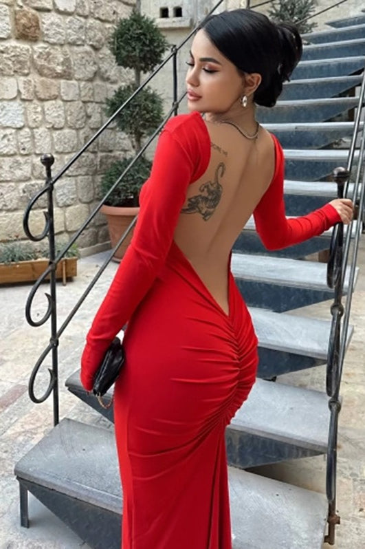 Long Sleeve Backless Bodycon With Side Slit Dress 4