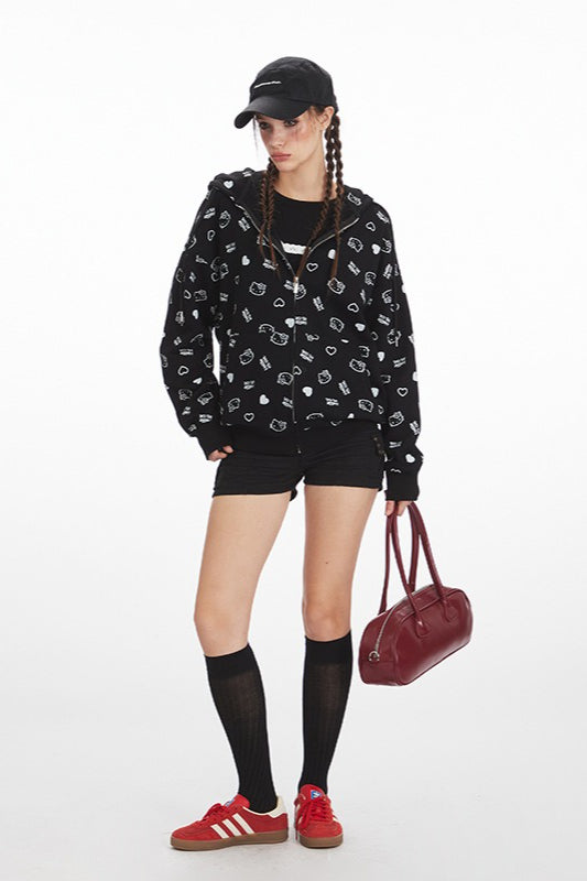 Loose Cat Print Zip Hoodie