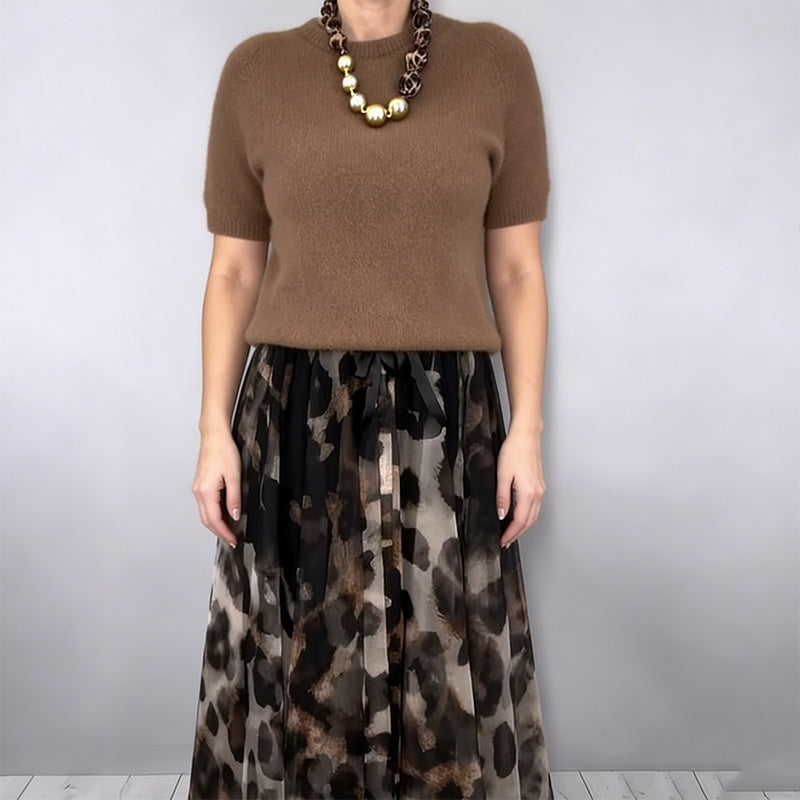 Crew Neck Short Sleeve Sweater And Leopard Flowy Maxi Skirt Set 2