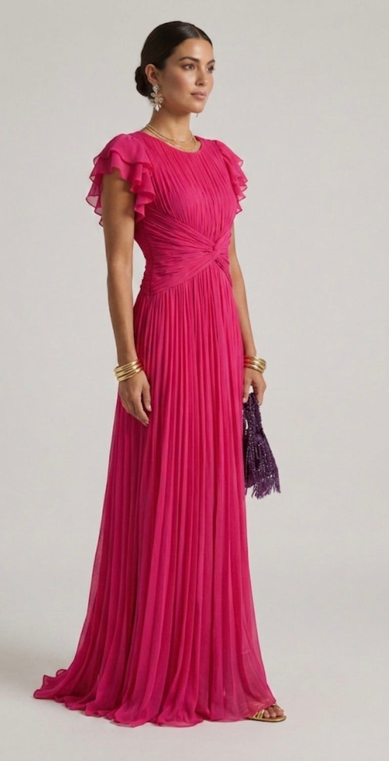 Round Neck Pleated Chiffon Flutter Sleeve Twist Front Maxi Gown 5