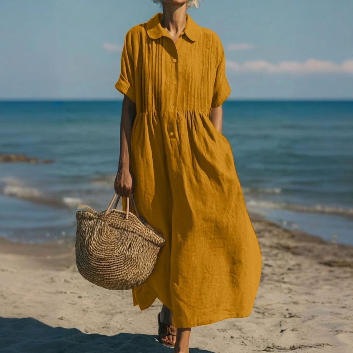 Collared Button Front Pintuck Rolled Sleeve Shirt Maxi Dress 5