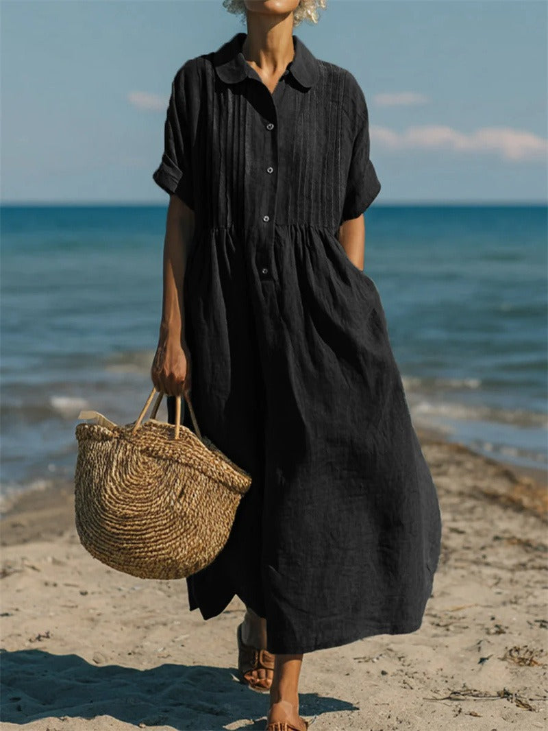 Collared Button Front Pintuck Rolled Sleeve Shirt Maxi Dress 9