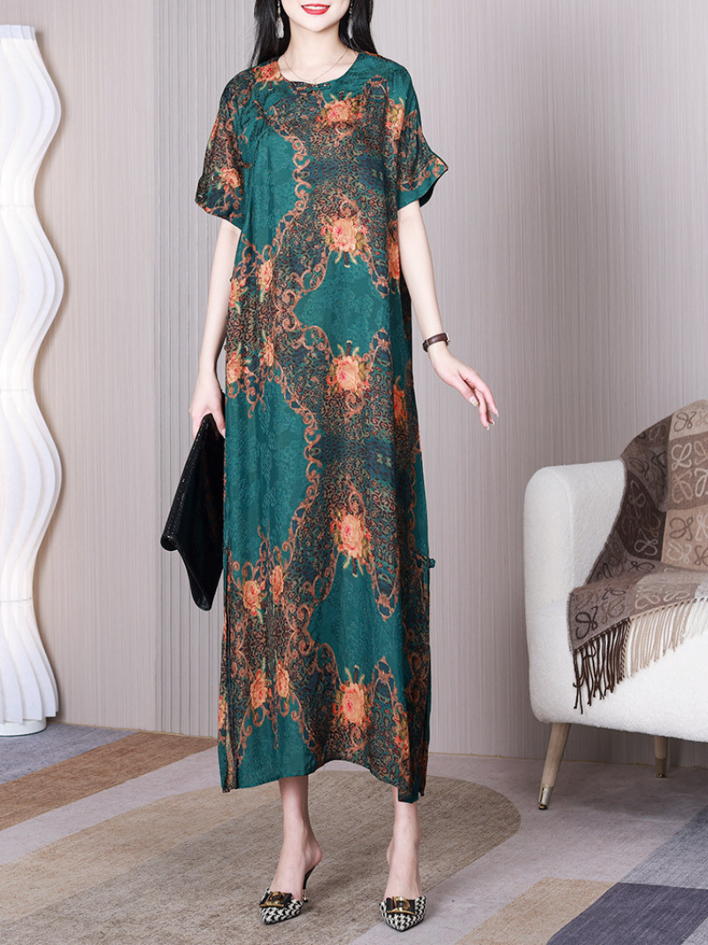 Green Round Neck Short Sleeve Floral Print Satin Shift Maxi Dress
