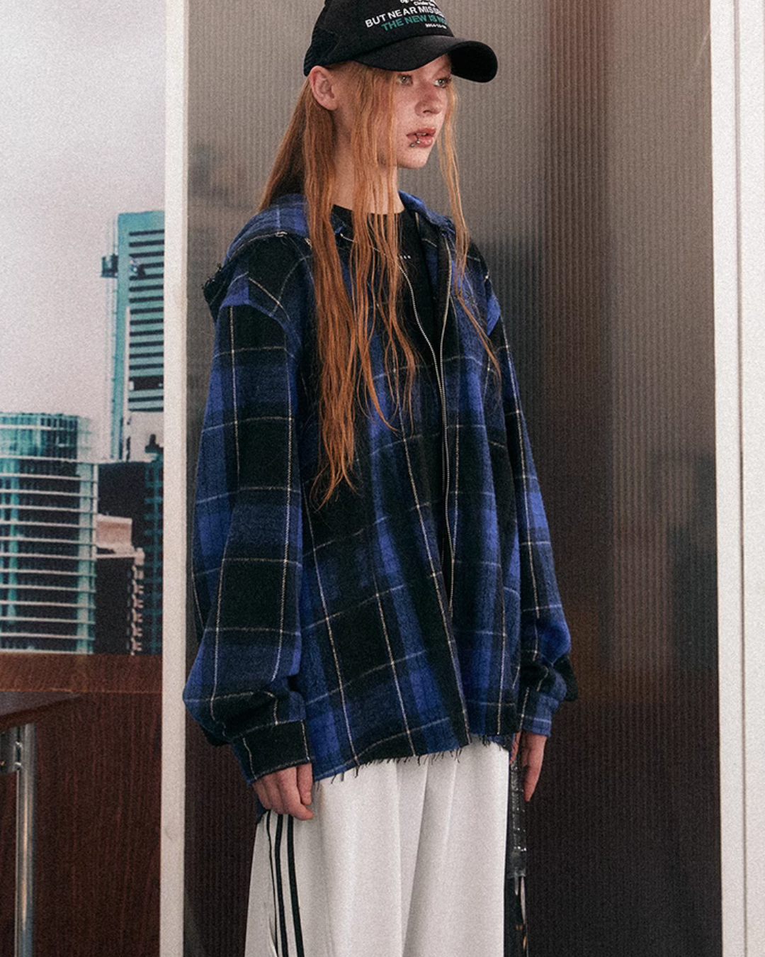 Blue Plaid Oversized Hooded Jacket