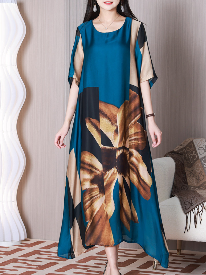 Round Neck Floral Print Short Sleeve Loose A-Line Maxi Dress 7