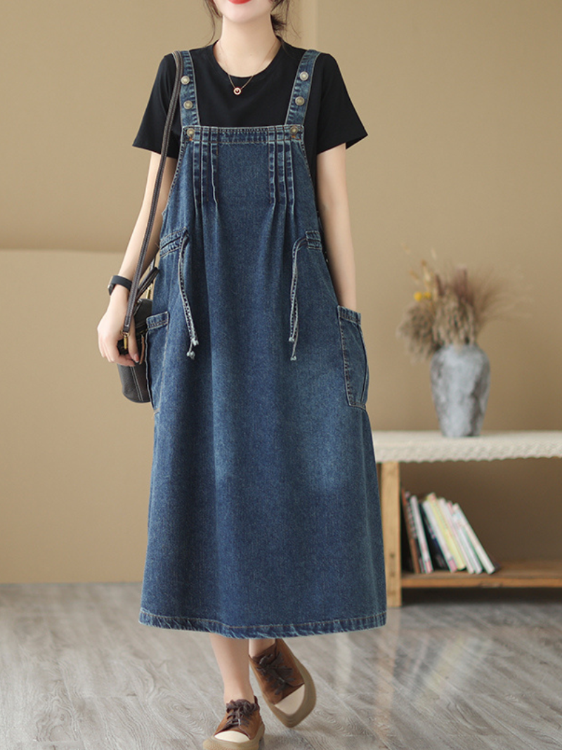 Blue Denim Button Strap Patch Pocket Loose A-Line Pinafore Maxi Dress