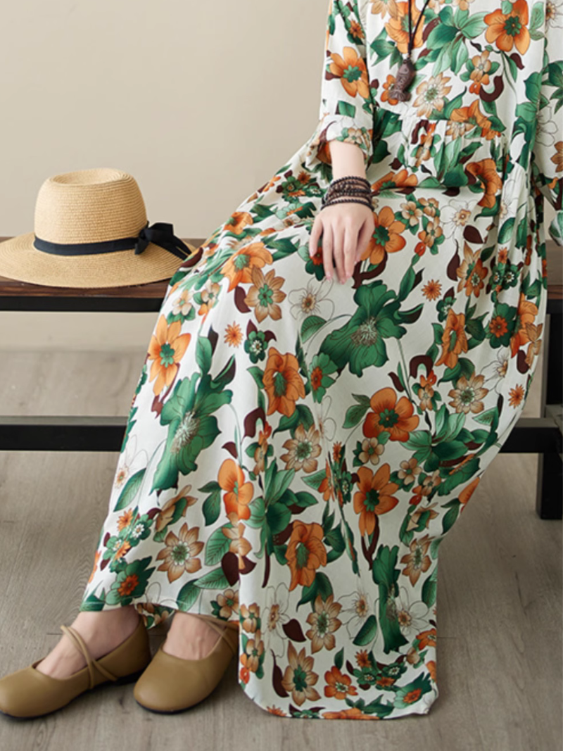 Round Neck Floral Print Long Sleeve Loose Smock Maxi Dress