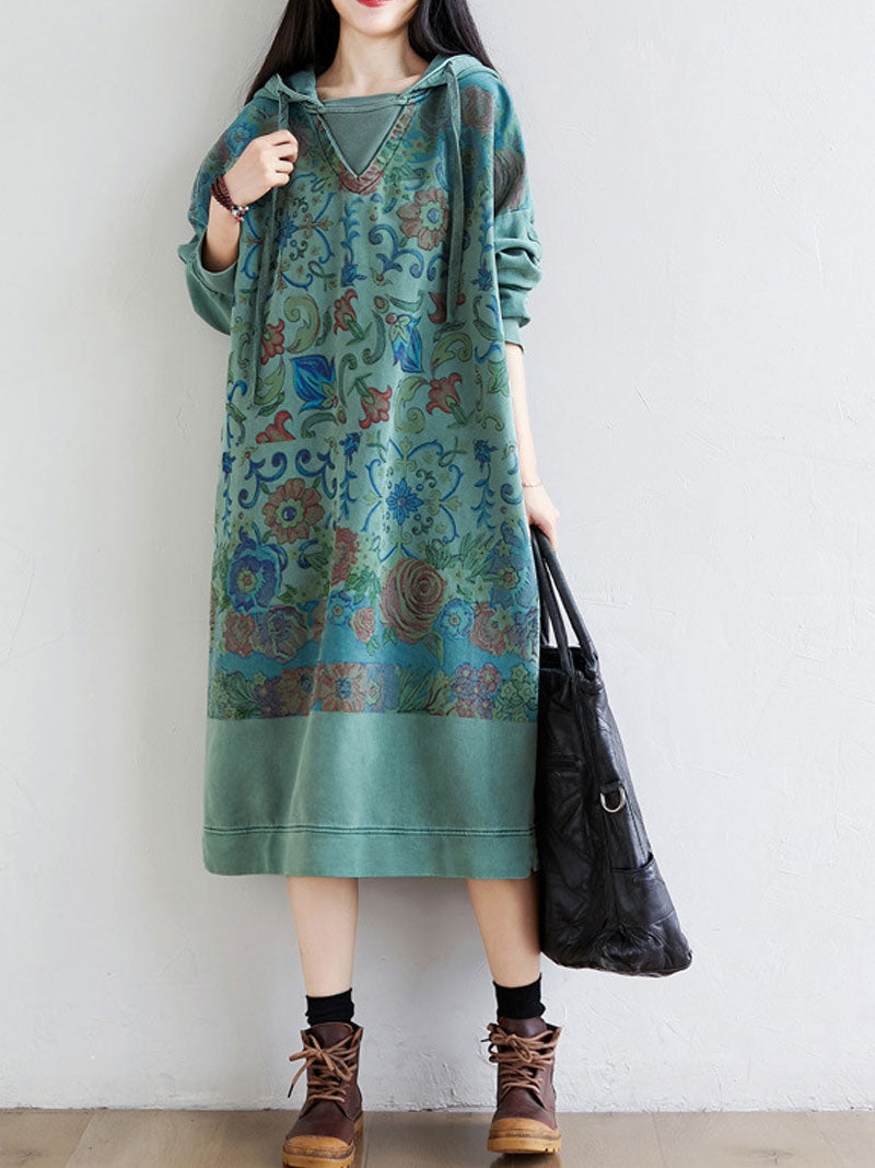 Hooded Floral Print Long Sleeve Loose Midi Dress 10