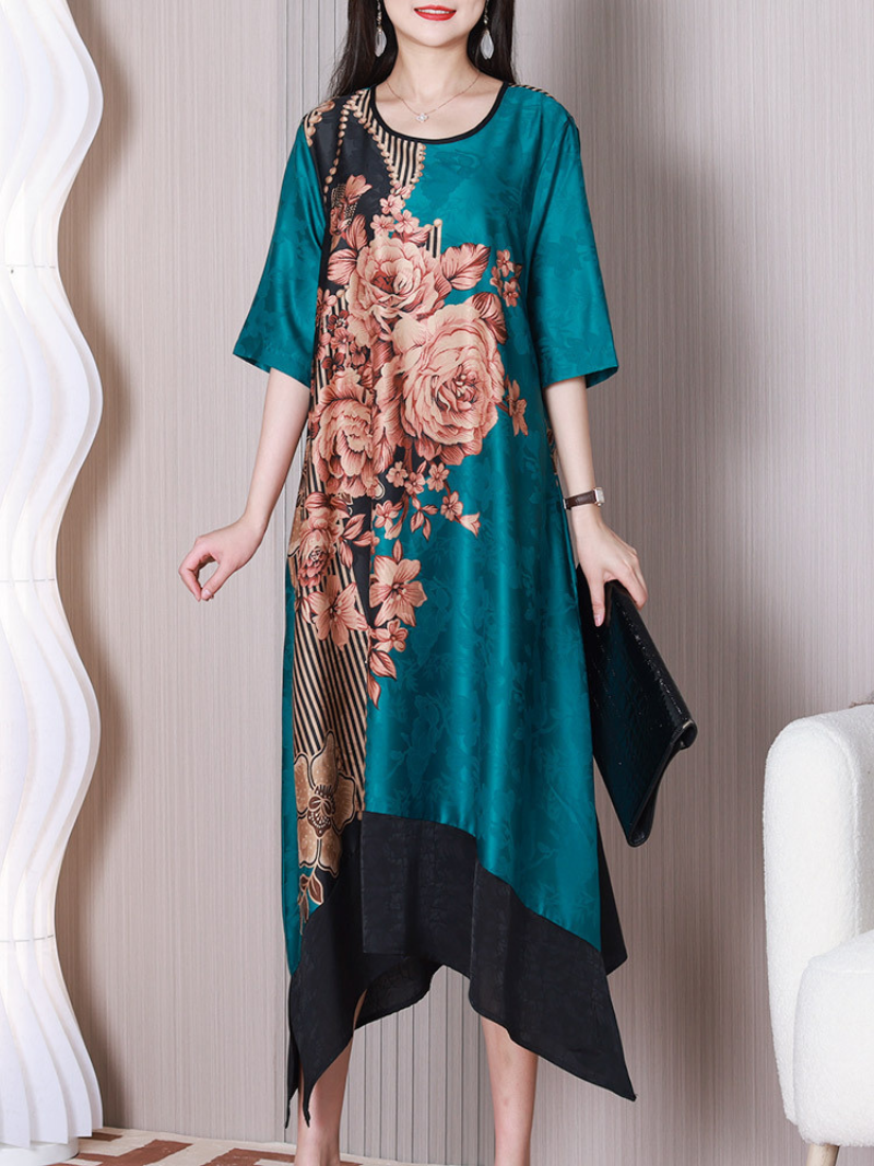 Round Neck Half Sleeve Floral Print Contrast Hem Midi Dress