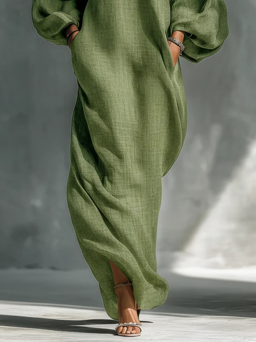 Turquoise Round Neck Cold Shoulder Long Sleeve Linen Oversized Maxi Dress