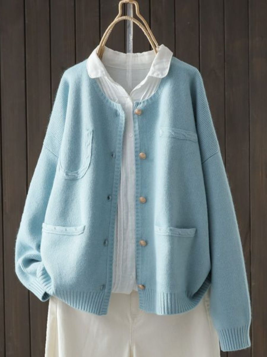 Round Neck Button Front Patch Pocket Long Sleeve Knit Cardigan
