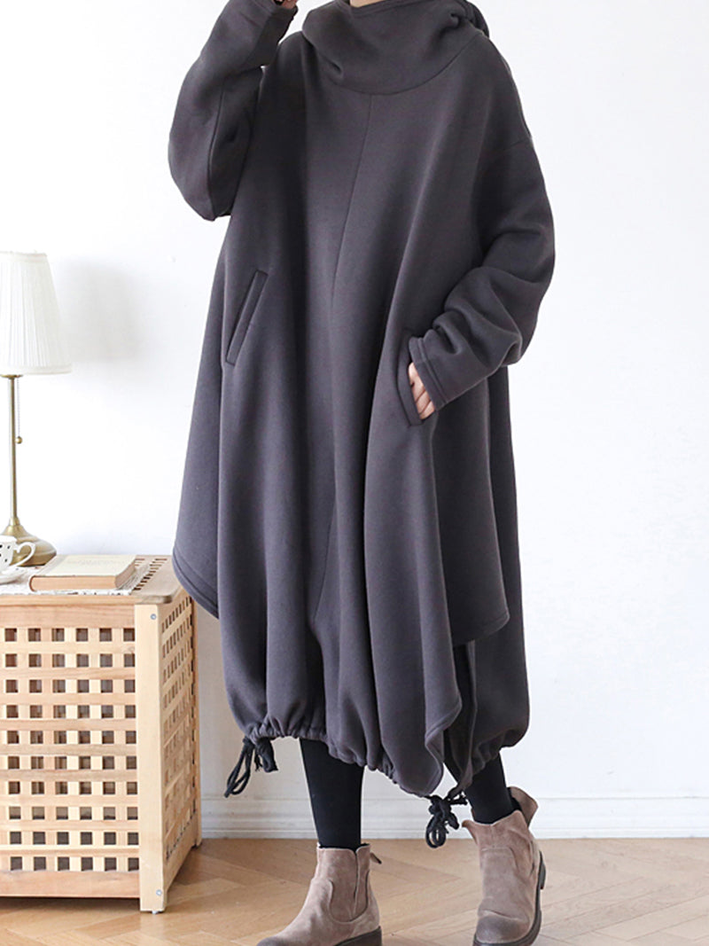 Hooded Long Sleeve Drawstring Hem Loose Cocoon Midi Dress 4