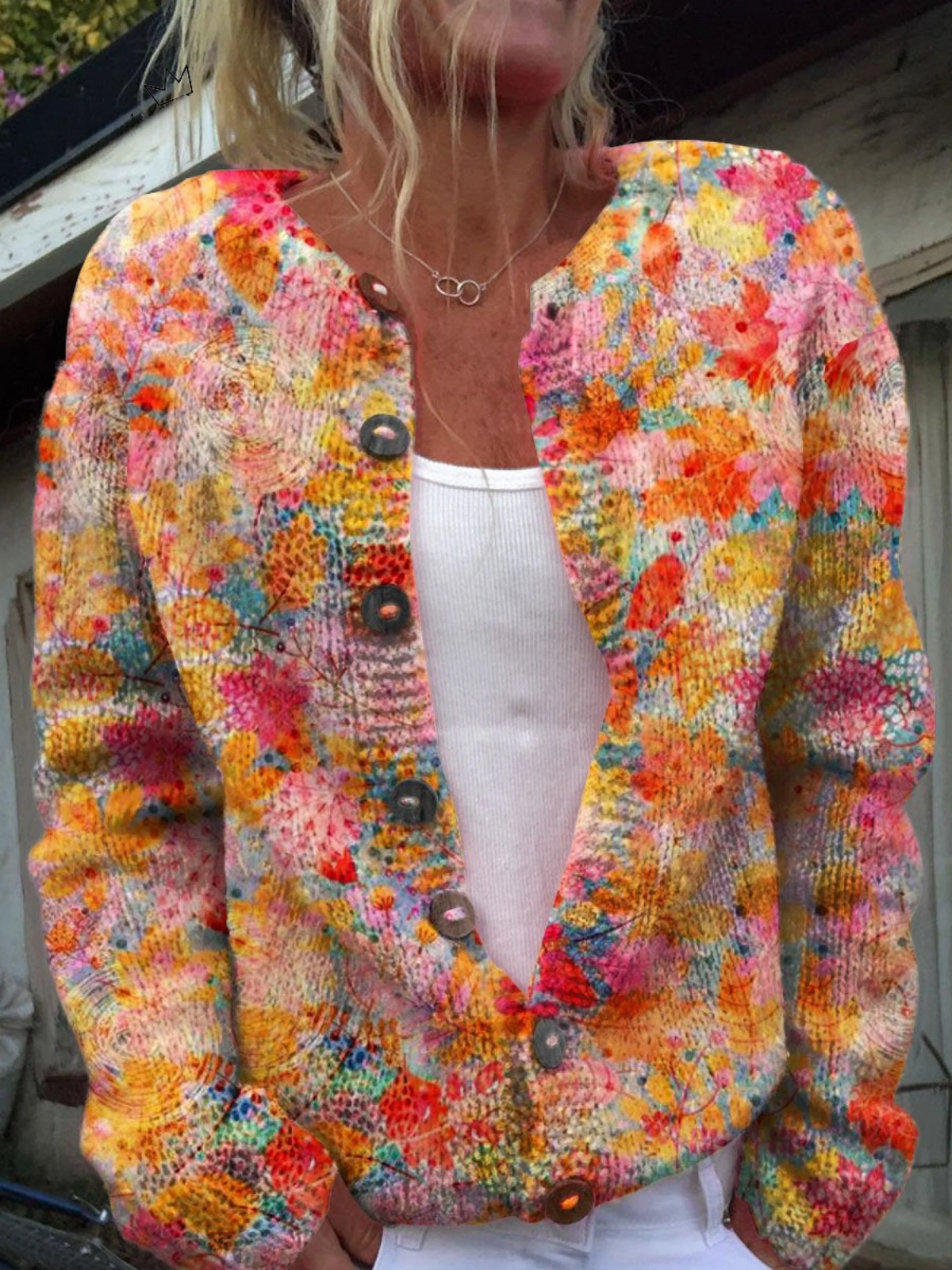 Round Neck Watercolor Floral Print Knit Button Cardigan