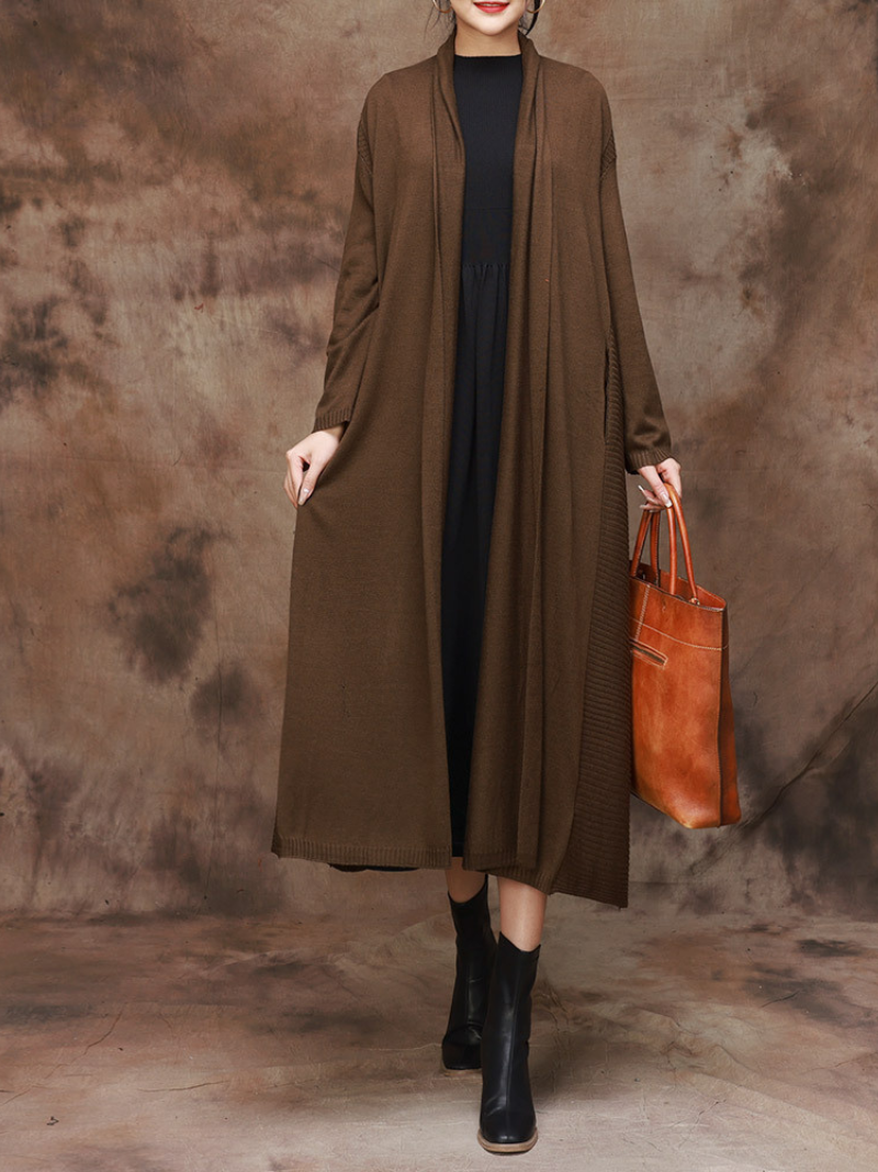 Shawl Collar Open Front Side Pocket Long Cardigan Coat