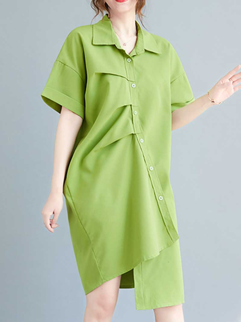 Pointed Collar Button Down Short Sleeve Irregular Hem Shirt Dress 2