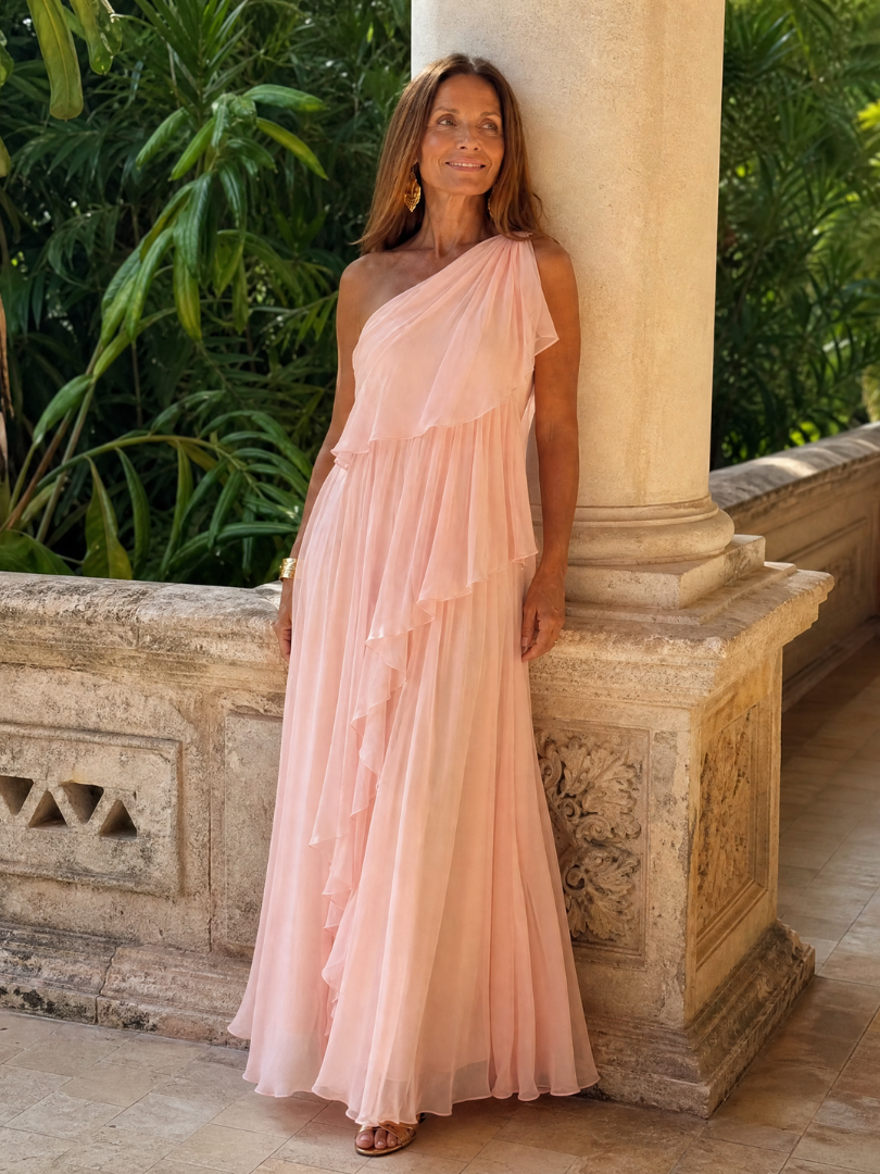 One-Shoulder Chiffon Cascade Ruffle Flowy Maxi Gown 7