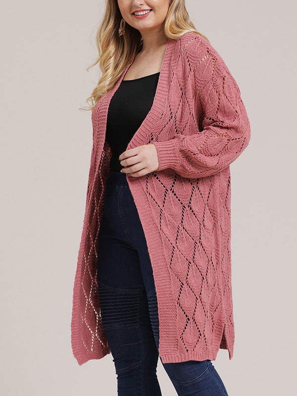 Open Front Pointelle Knit Long Sleeve Longline Cardigan