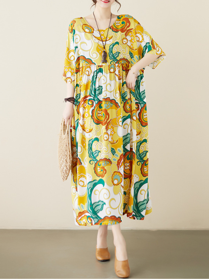 Yellow Round Neck Abstract Floral Half Sleeve Smock Maxi Dress 2