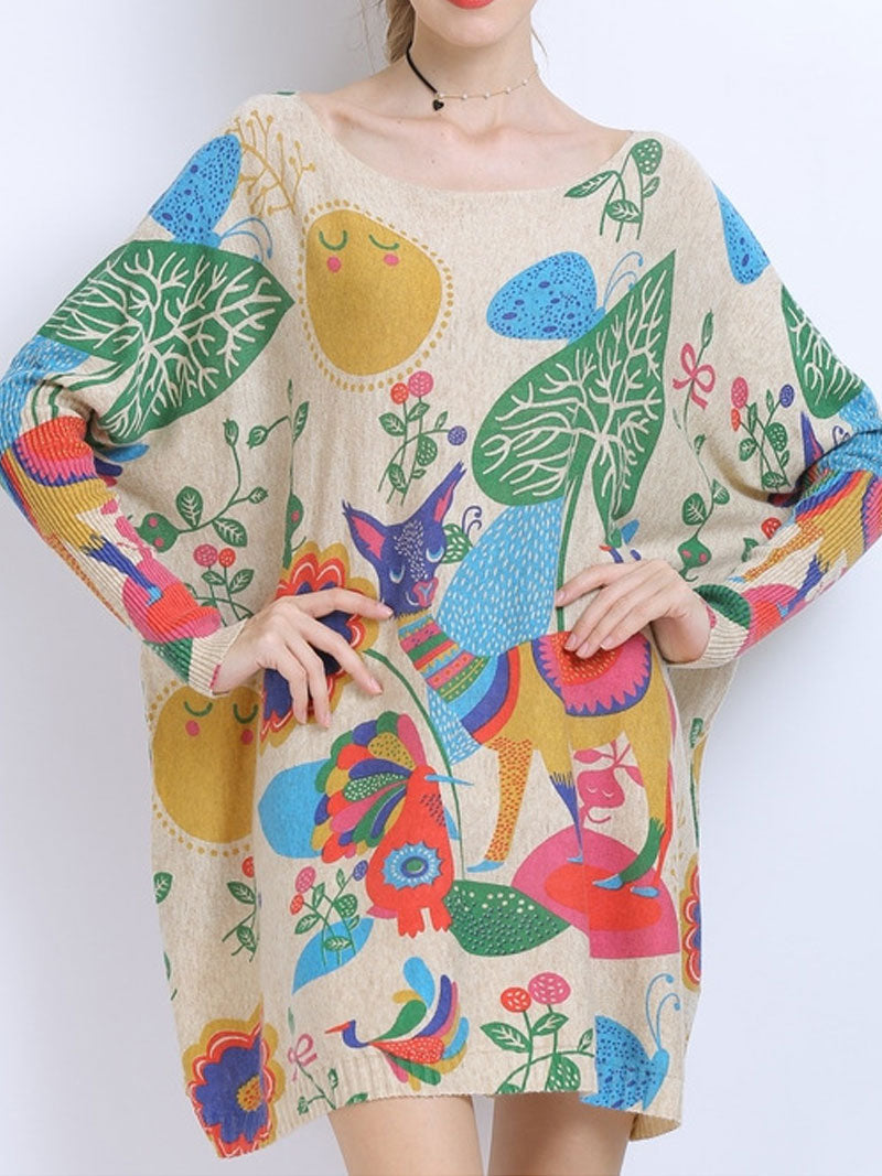 Boat Neck Abstract Print Long Sleeve Knit Mini Dress