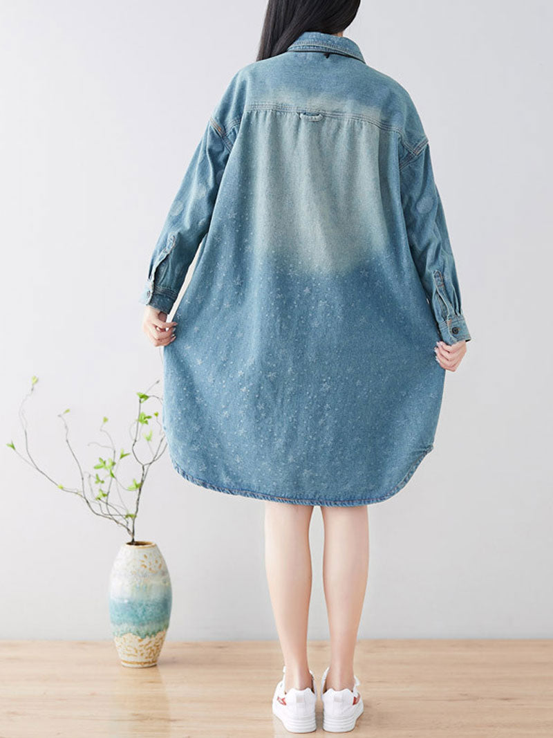 Collared Star Print Long Sleeve Washed Denim Shirt Dress 8