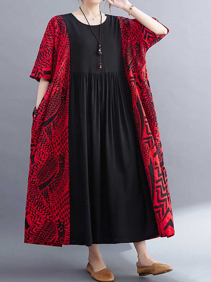 Round Neck Short Sleeve Geometric Print Loose Smock Maxi Dress 2