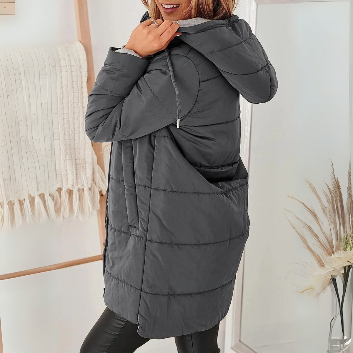 Hooded Drawstring Quilted Zip-Up Longline Puffer Coat