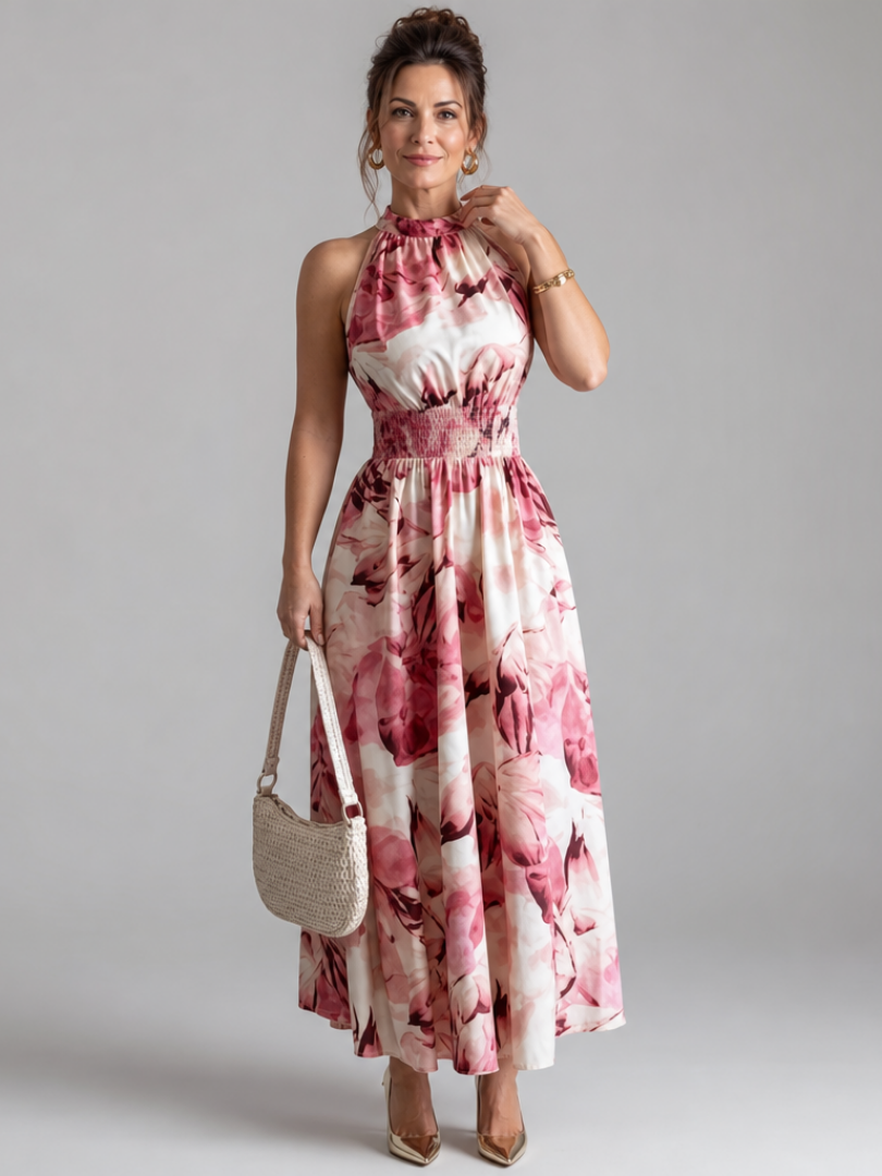 Halter Neck Abstract Floral Smocked Waist Sleeveless Maxi Dress 6